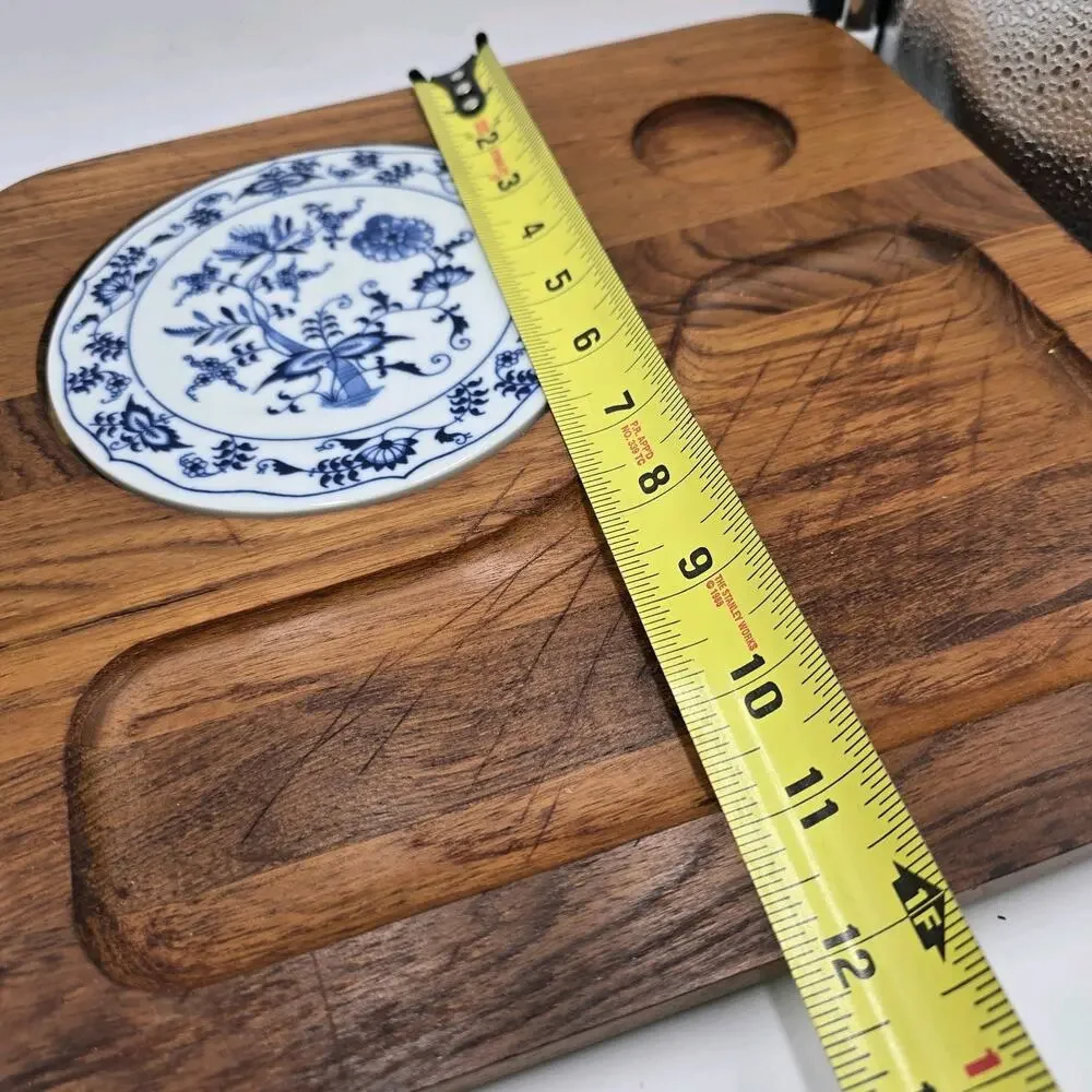 Vtg Dolphin Teakwood Danube Charcuterie Tray Porcelain Square‎ Blue Onion Tile